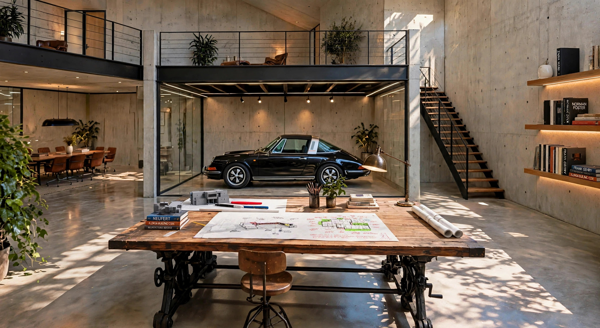 Zecky's studio — his drafting table dressed with his sketches, his architecture books and the P7 scale model, and behind it a glass garage holding a vintage black Porsche 911 Targa