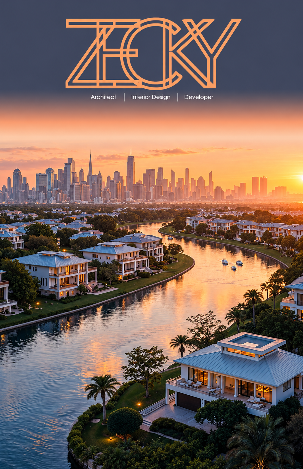 Zecky Design cover — Zecky's ZECKY line logo with the tagline Architect, Interior Design, Developer, over his sunset aerial of Miami waterfront homes and the skyline