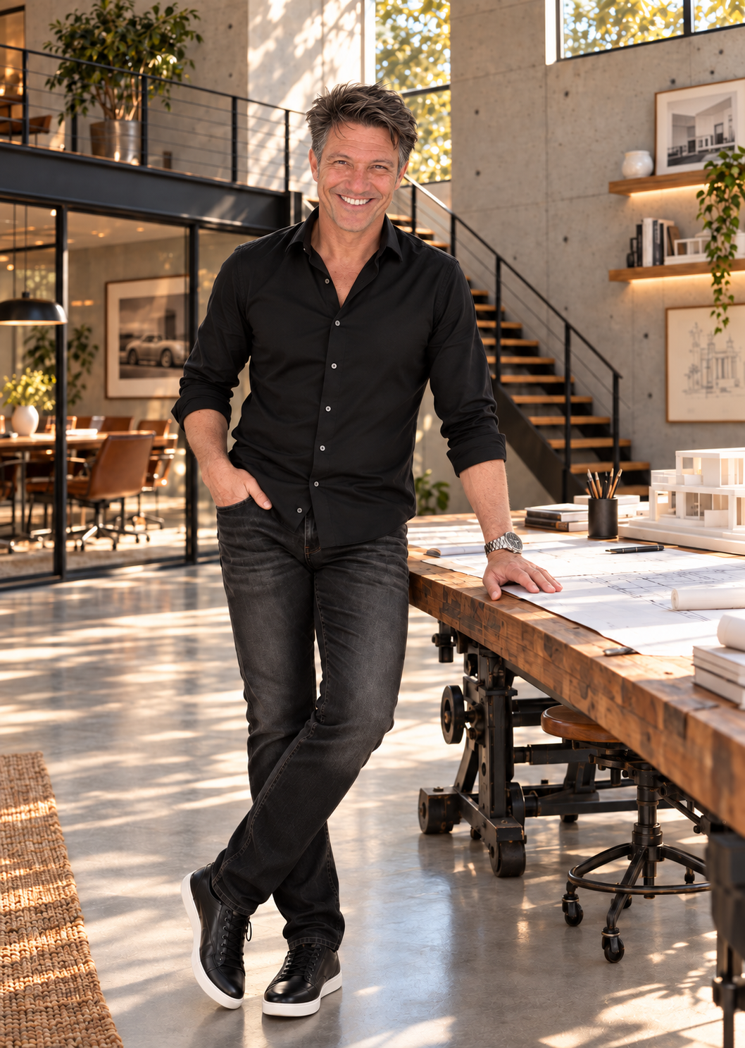 Zecky Da Costa in his studio, leaning on his drafting table with plans spread out — black shirt, steel sports watch, dark jeans