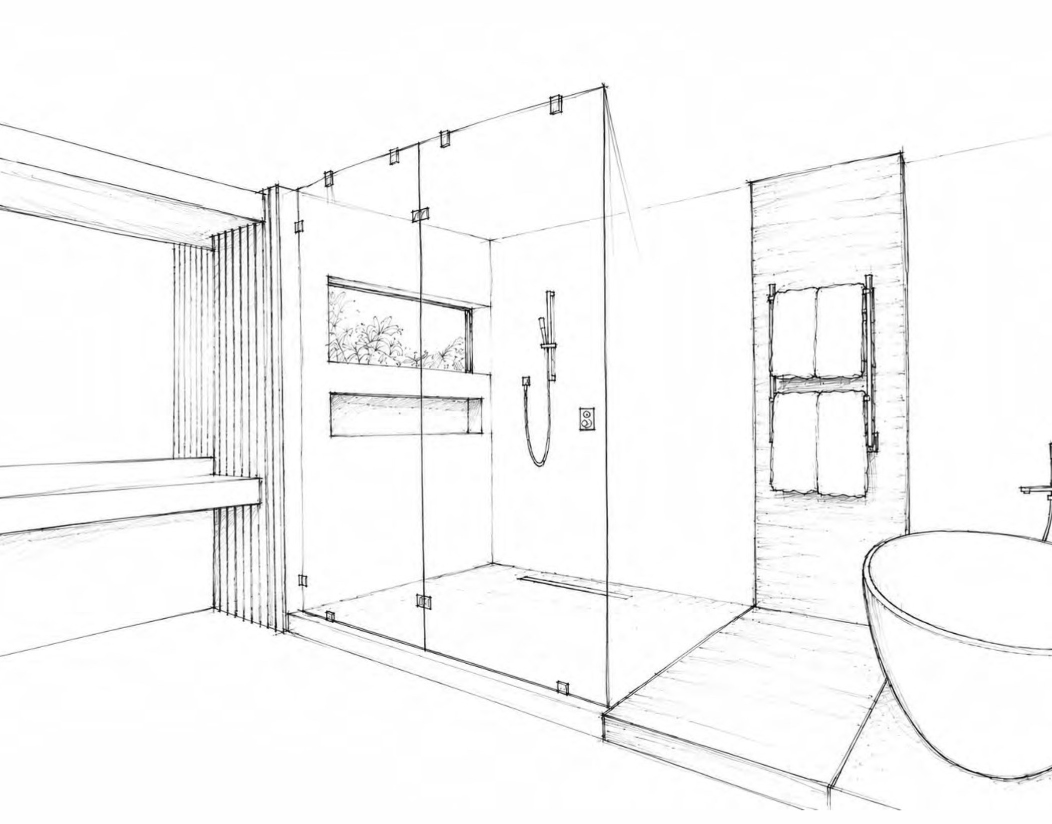 Hand-drawn pencil sketch of the Pinecrest VII master bathroom
