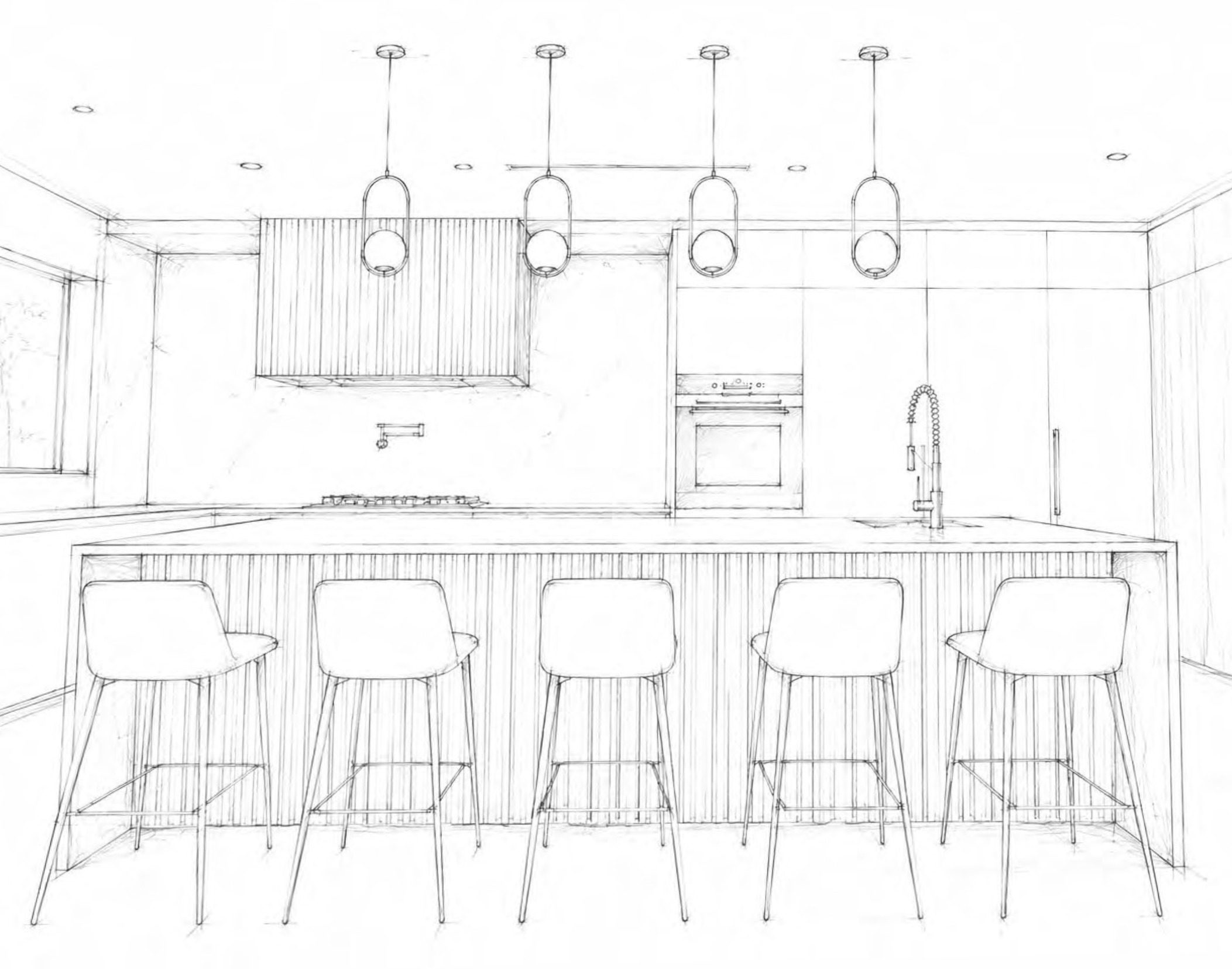 Hand-drawn pencil sketch of the Pinecrest VII kitchen