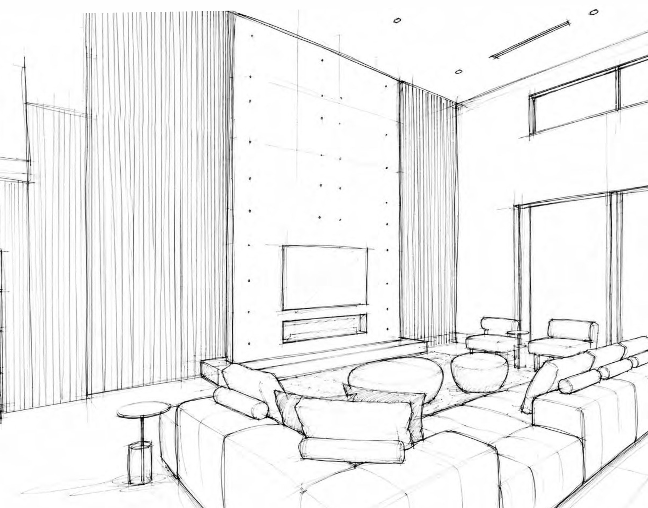 Hand-drawn pencil sketch of the Pinecrest VII living room