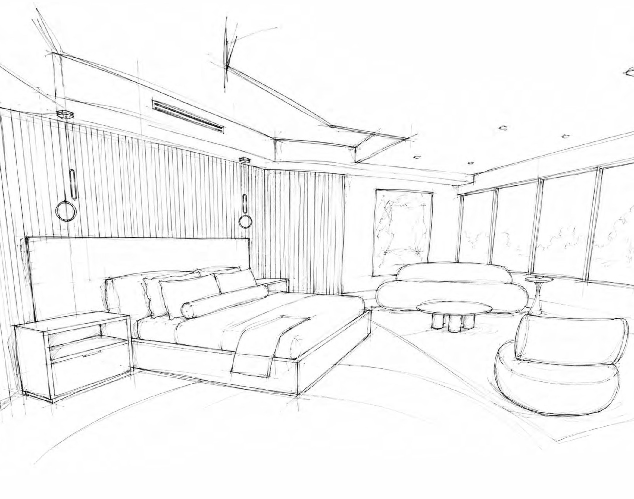 Hand-drawn pencil sketch of the Pinecrest VII master bedroom